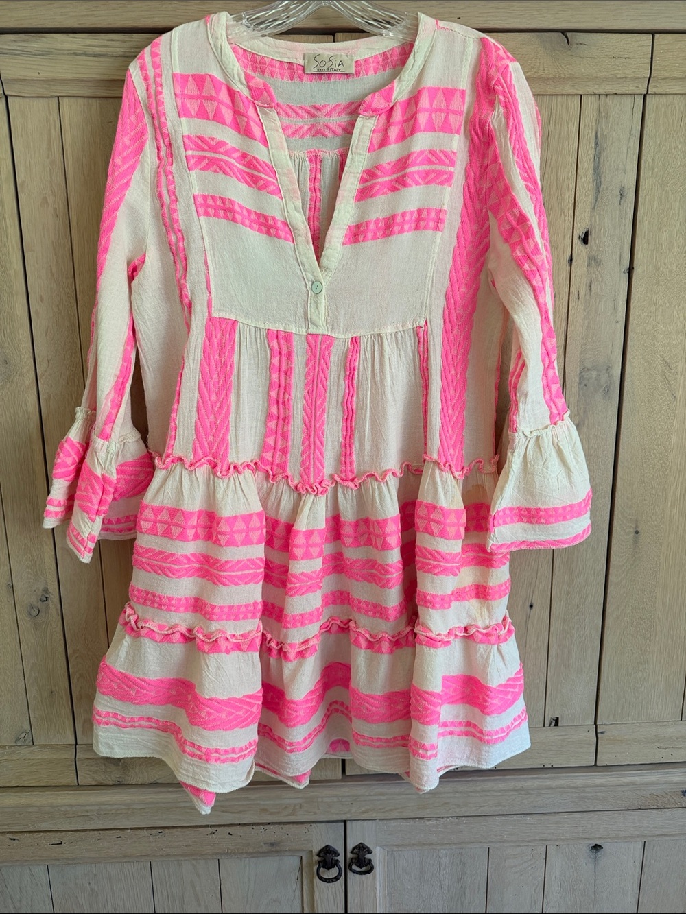 Womens Pink & Cream Tiered Embroidered Dress
